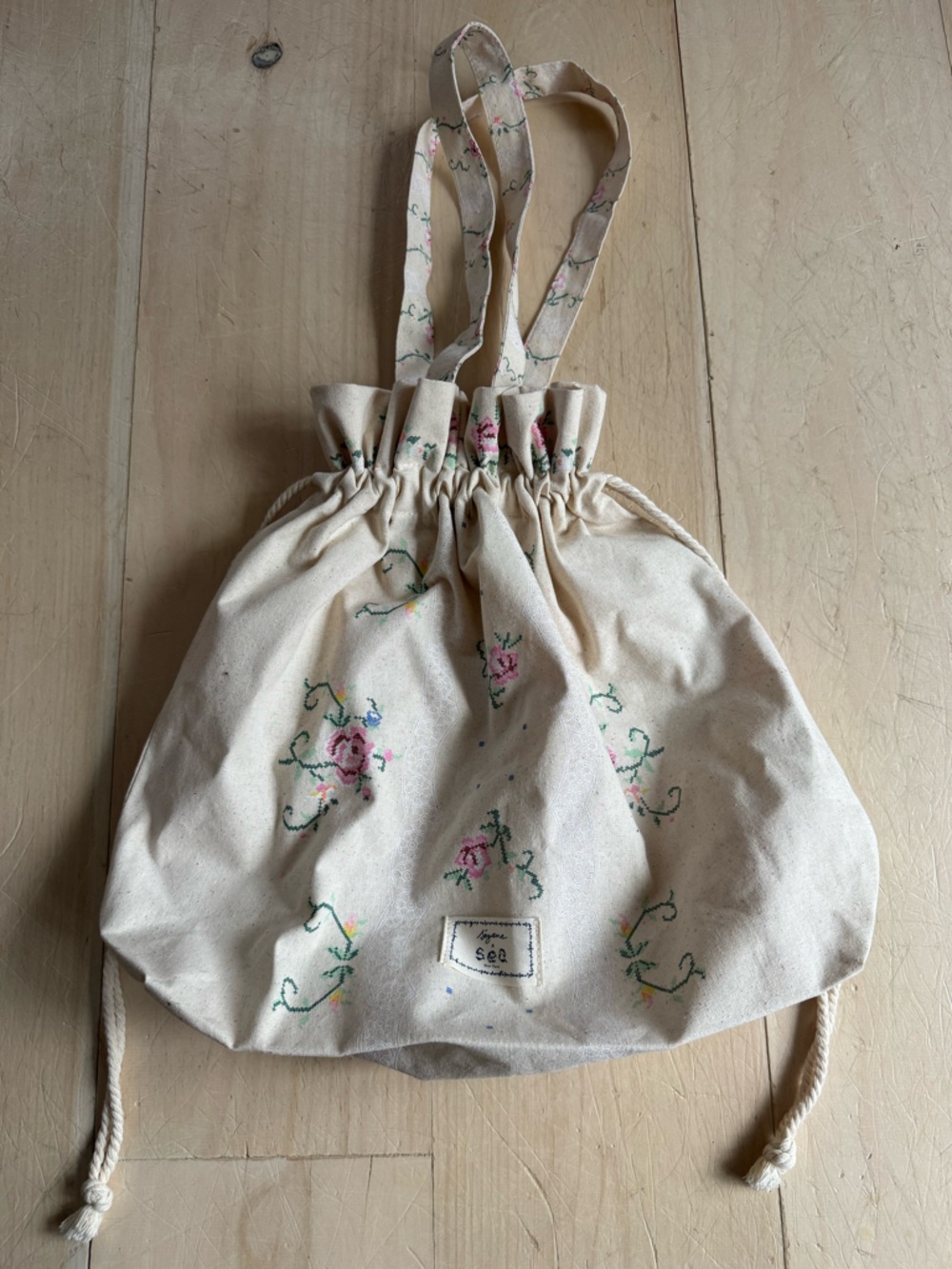 Sezane x Sea NY Floral Natural Cotton Canvas Drawstring Tote Bag - Picture 3 of 7